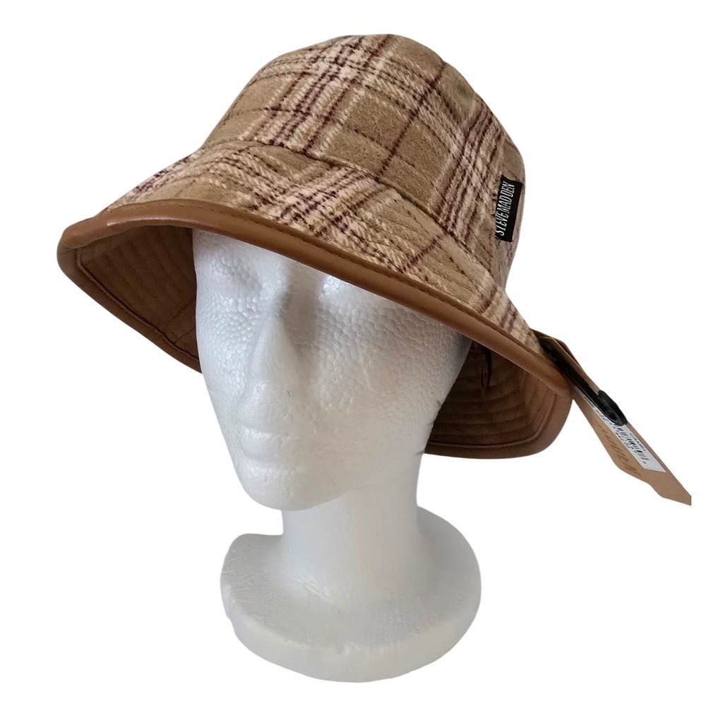 Steve Madden 90s Style Reversible Bucket Hat Tan Plaid Faux Leather Camel OS NWT